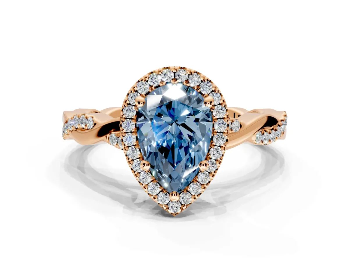 Halo Engagement Ring Setting for Fancy Blue Pear-Shaped Center with Pave and Plain Twist Band and Prong Head in Rose Gold