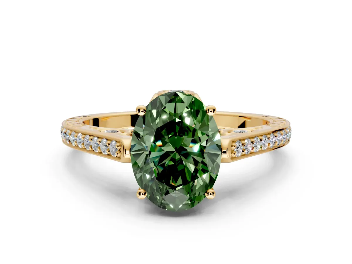 Cathedral Engagement Ring Setting for Fancy Green Oval Center with Antique-Style Pave Band and Prong Head in Yellow Gold