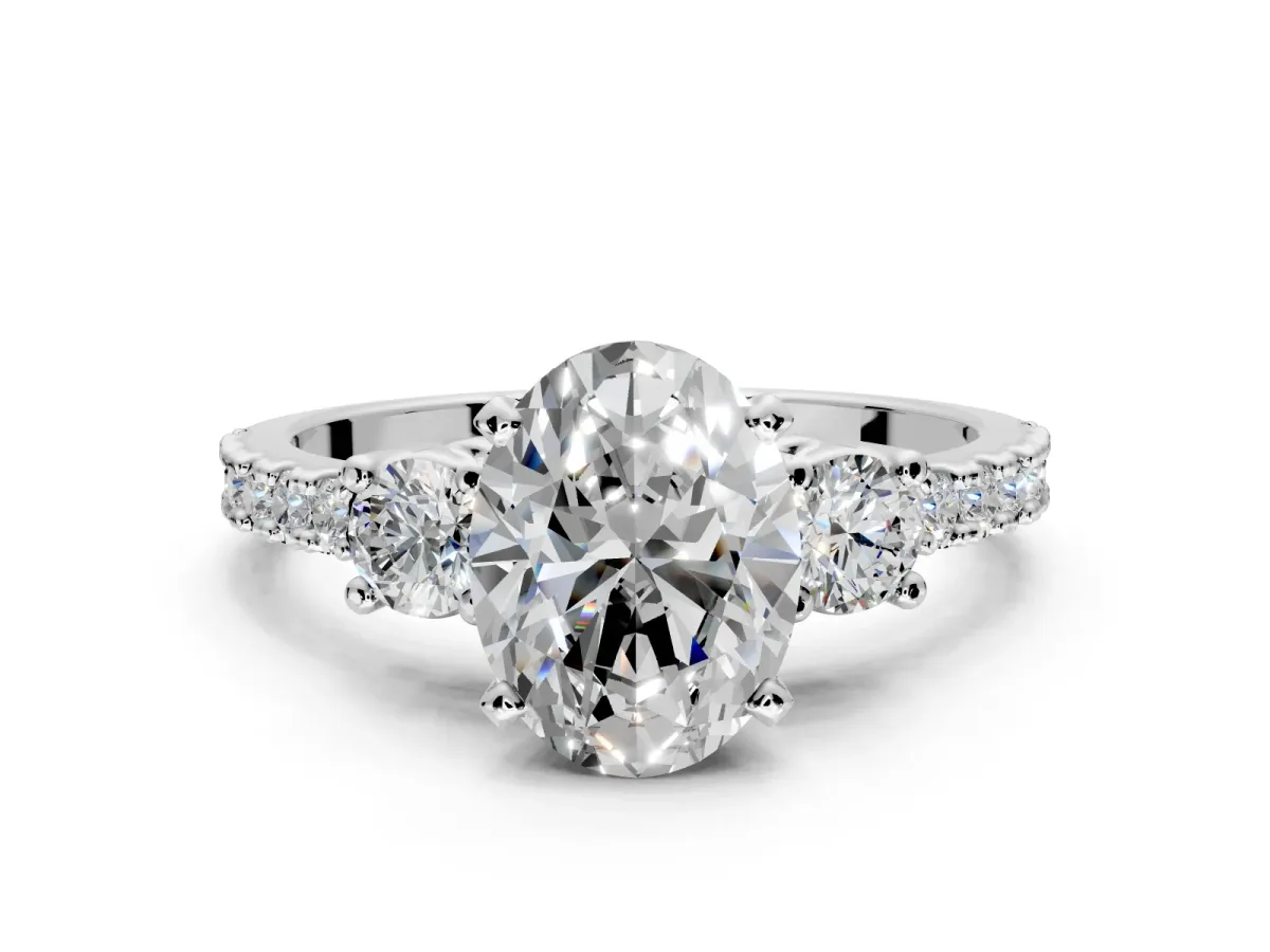3 Stone Engagement Ring Setting for Oval Center with Round Cut Side Accents and Prong Head in White Gold