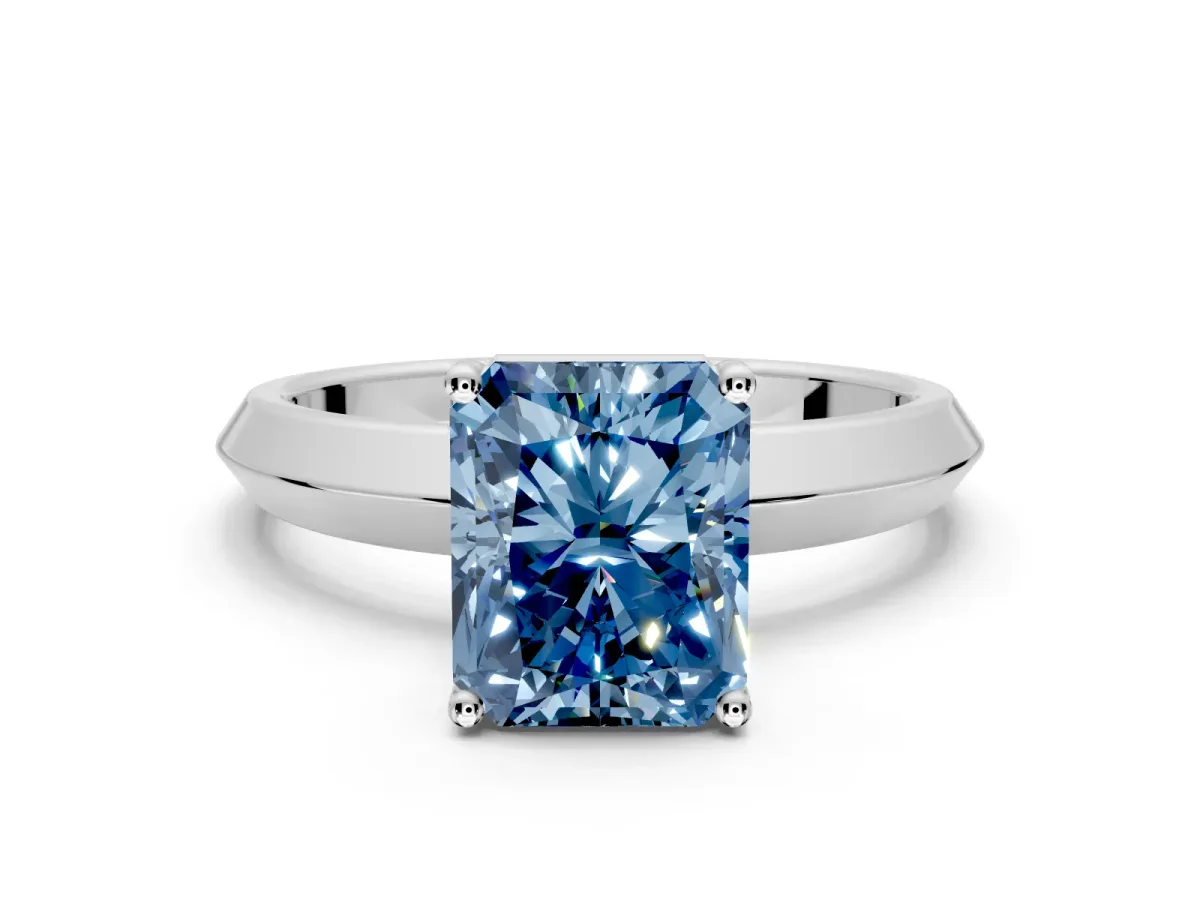 Solitaire Engagement Ring Setting for Fancy Blue Radiant Cut Center with Wide Knife Ridge Band and Prong Head in White Gold