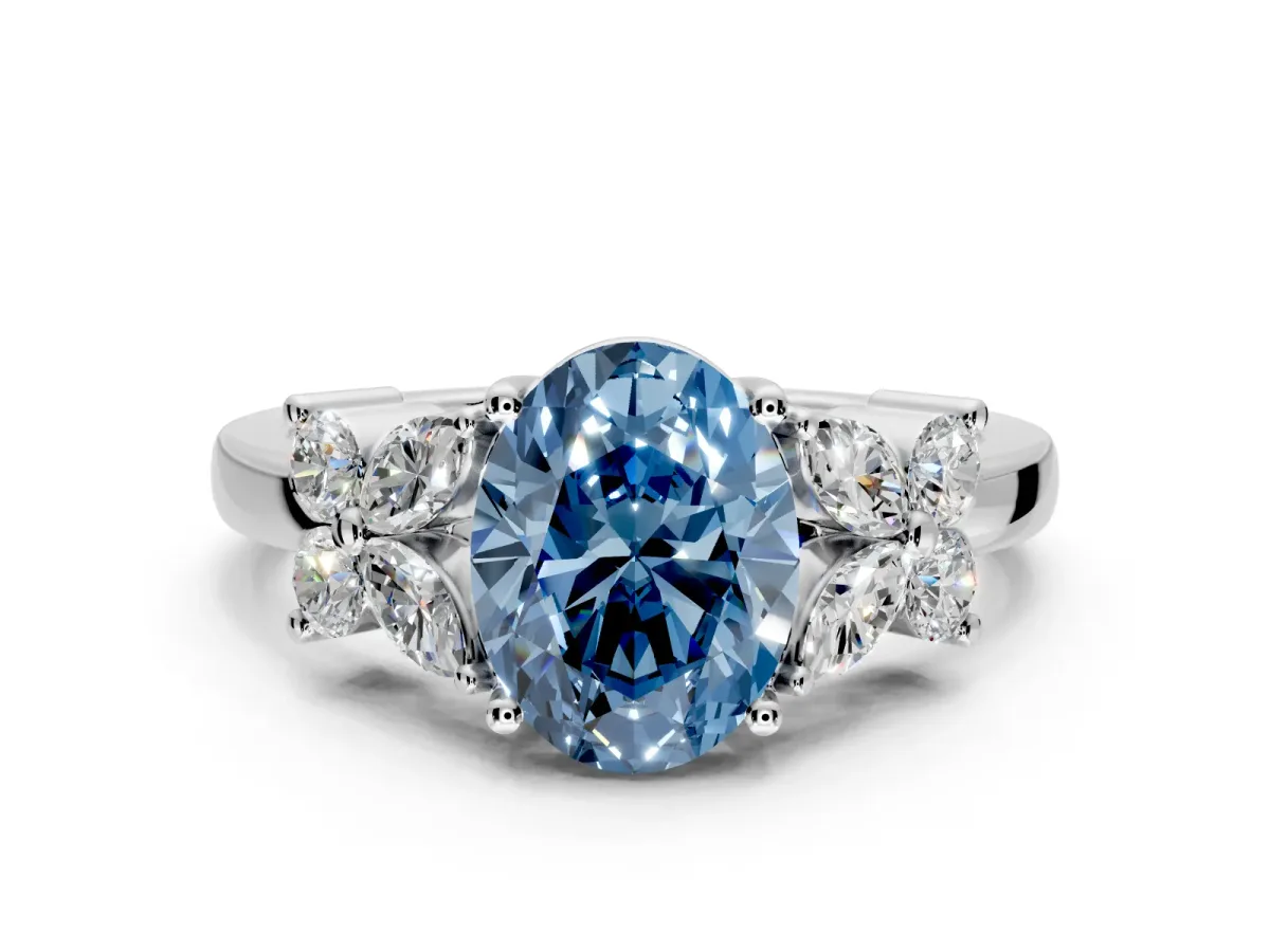 Floral Engagement Ring Setting for Fancy Blue Oval Center with Marquise Cluster Shoulders and Prong Head in Sterling Silver