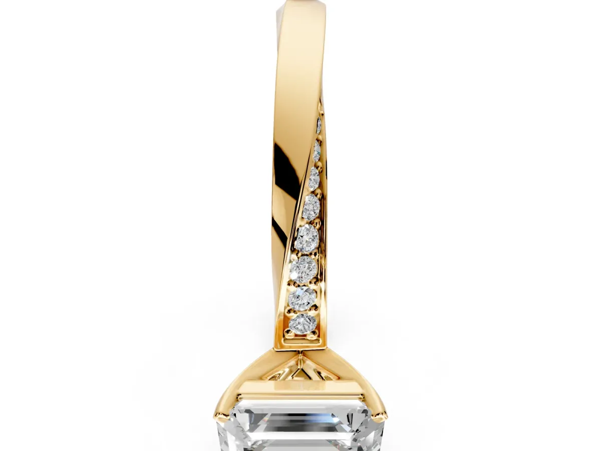 Side Accent Engagement Ring Setting for Emerald Cut Center with Accent Shoulders and Prong Head in Yellow Gold