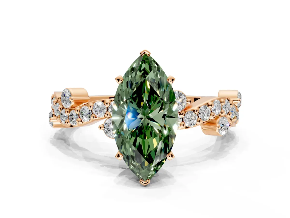 Solitaire Engagement Ring Setting for Fancy Green Marquise Center with Bar-Station Pave Twist and Prong Head in Rose Gold