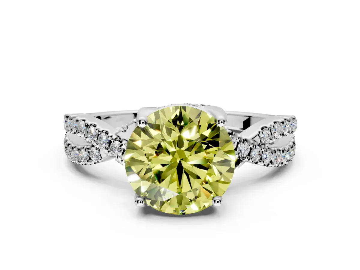 Solitaire Engagement Ring Setting for Fancy Yellow Round Cut Center with Narrow Twist Pave Band and Prong Head in Platinum