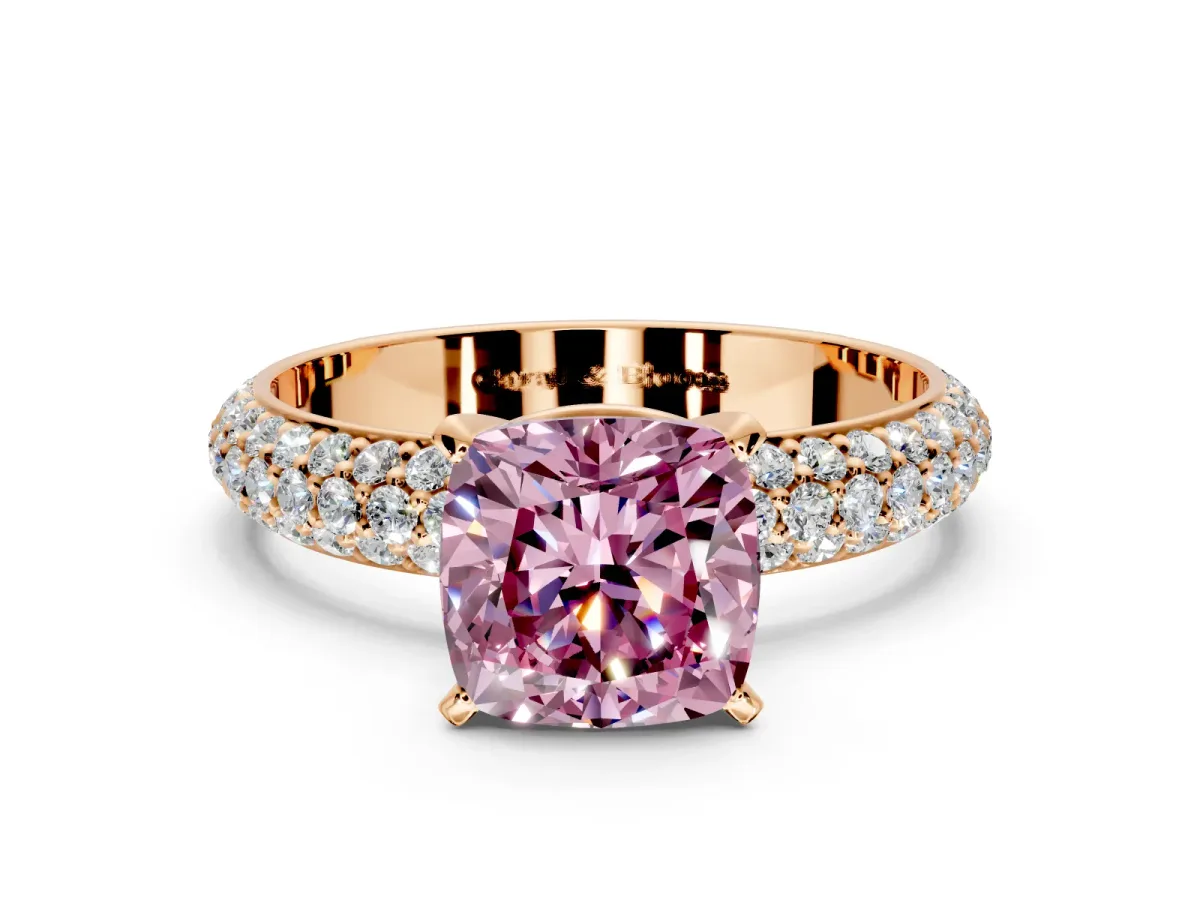 Solitaire Engagement Ring Setting for Fancy Pink Cushion Cut Center with Domed Multi-Row Pave Band and Prong Head in Rose Gold