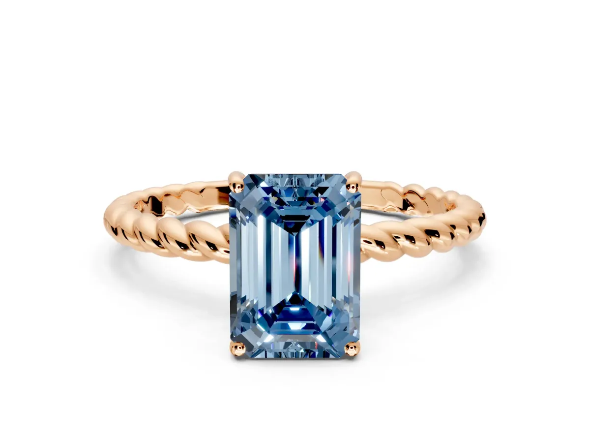Solitaire Engagement Ring Setting for Fancy Blue Emerald Cut Center with Plain Twisted Rope Band and Prong Head in Rose Gold
