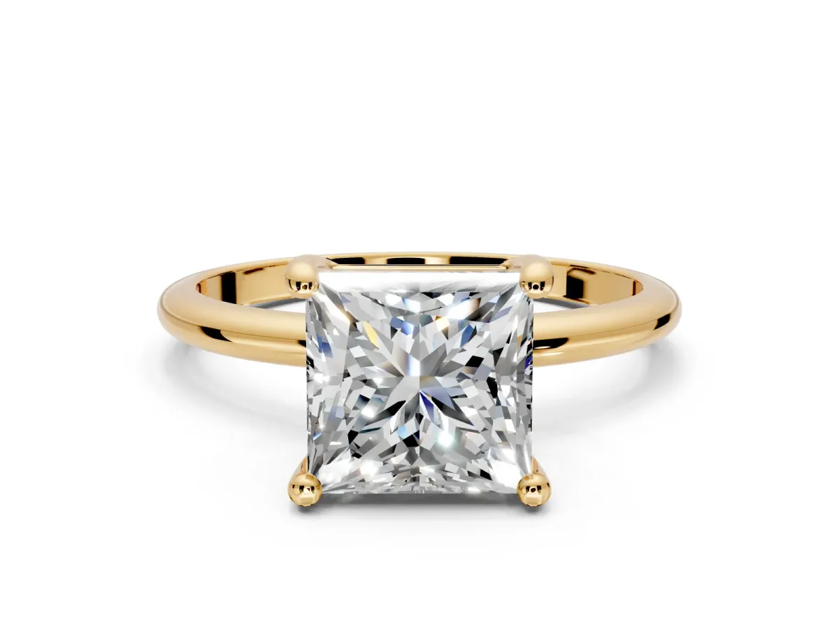 Minimalist Solitaire Engagement Ring Setting for Princess Cut Center with Thin Band and Prong Head in Yellow Gold