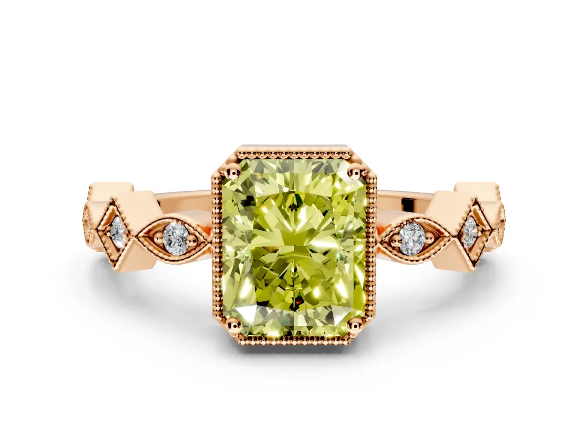 Milgrain Bezel Engagement Ring Setting for Fancy Yellow Radiant Cut Center with Marquise Stations and Bezel Head in Rose Gold