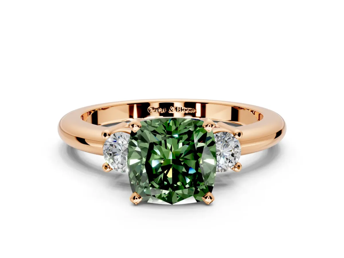 3 Stone Engagement Ring Setting for Fancy Green Cushion Cut Center with Wide Plain Band and Prong Head in Rose Gold