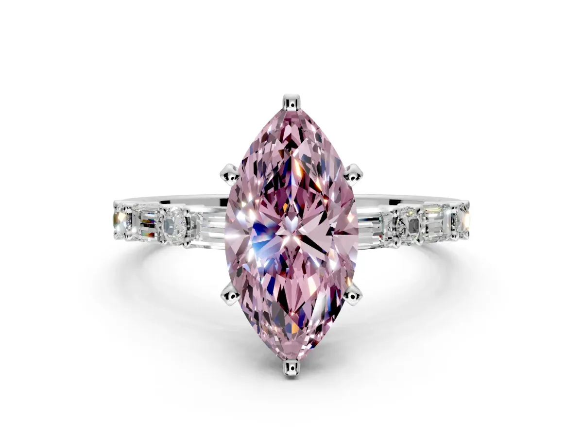 Baguette Engagement Ring Setting for Fancy Pink Marquise Center with Alternating Bar-Set Band and Prong Head in Sterling Silver