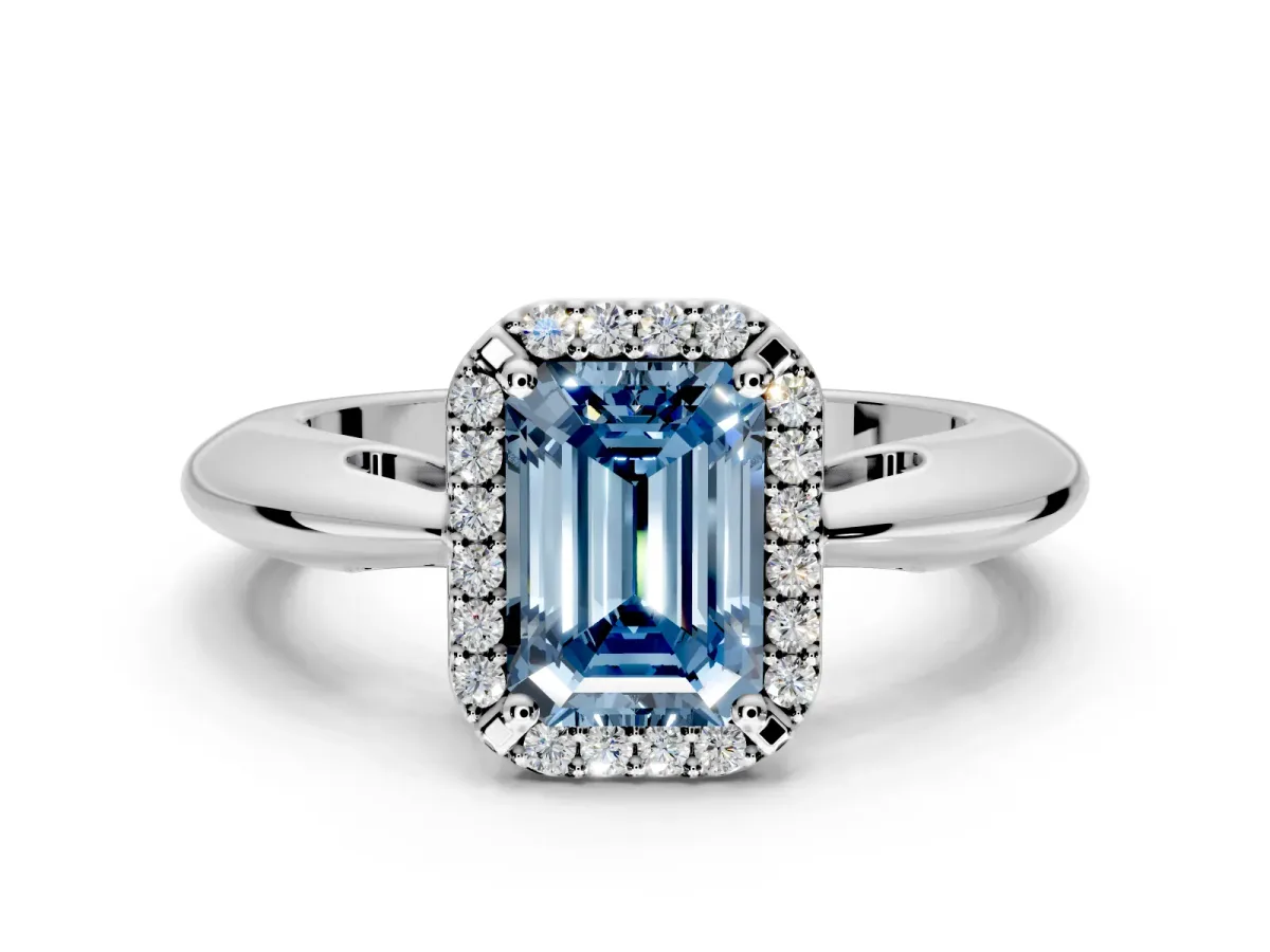 Halo Engagement Ring Setting for Fancy Blue Emerald Cut Center with Tapered Plain Band and Prong Head in Sterling Silver