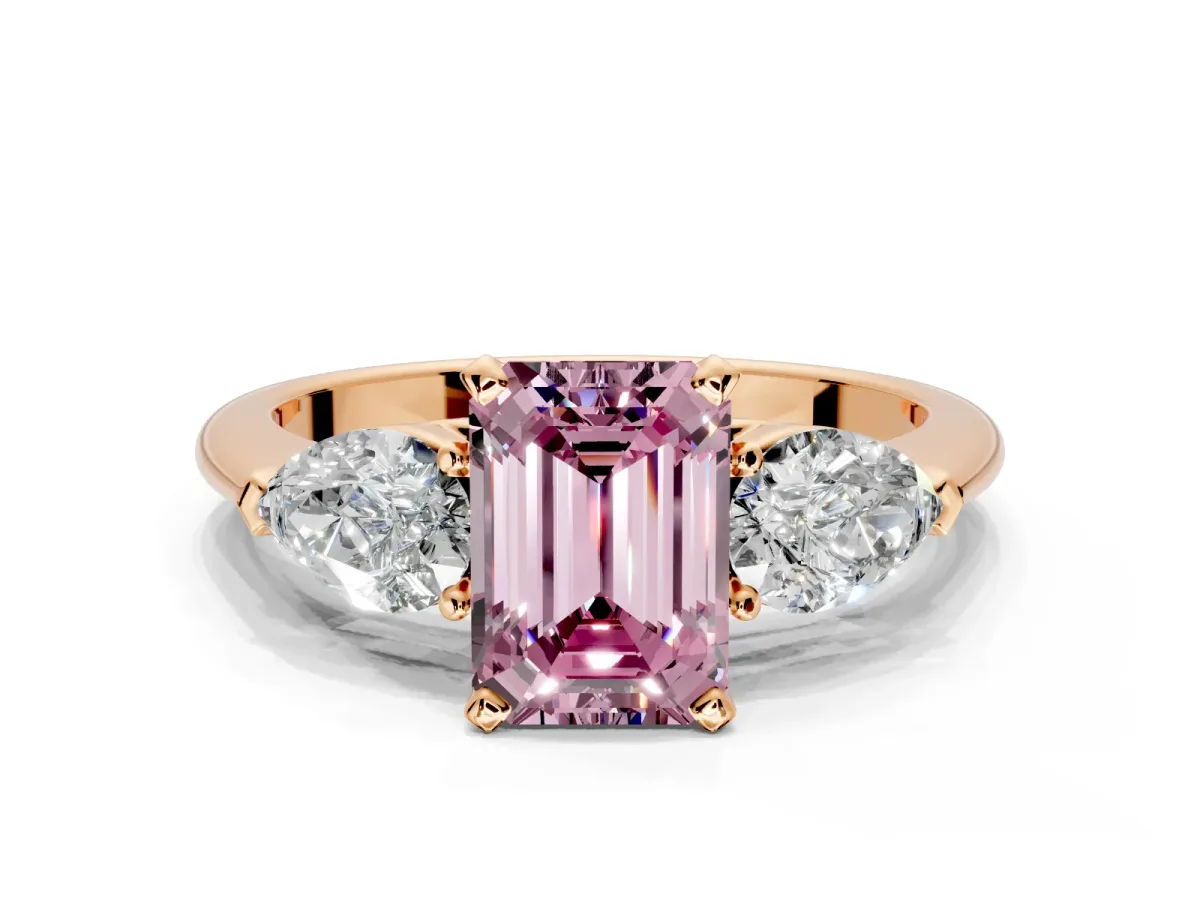 3 Stone Engagement Ring Setting for Fancy Pink Emerald Cut Center with Large Pear-Shaped Accents and Prong Head in Rose Gold