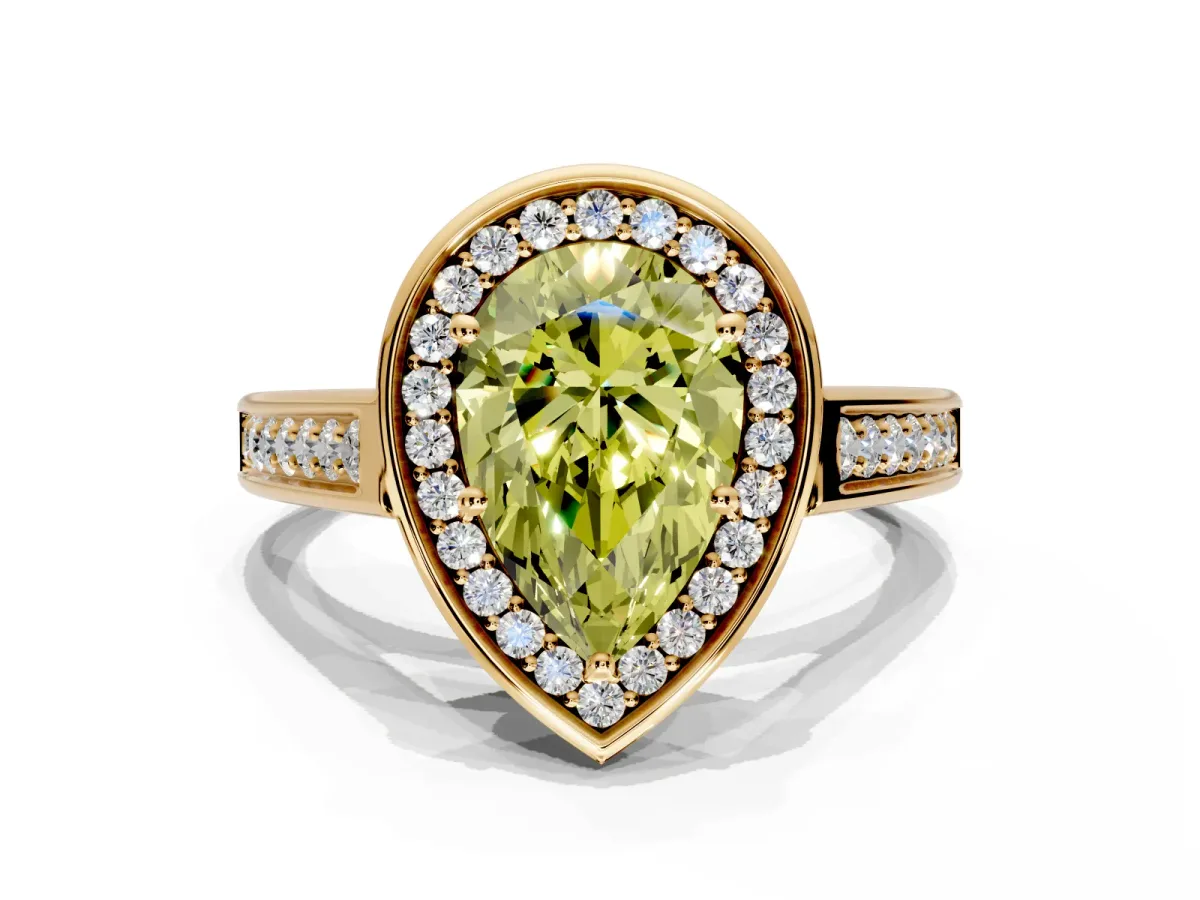 Halo Engagement Ring Setting for Fancy Yellow Pear-Shaped Center with Outer Bezel Rim, Pave Band and Prong Head in Yellow Gold