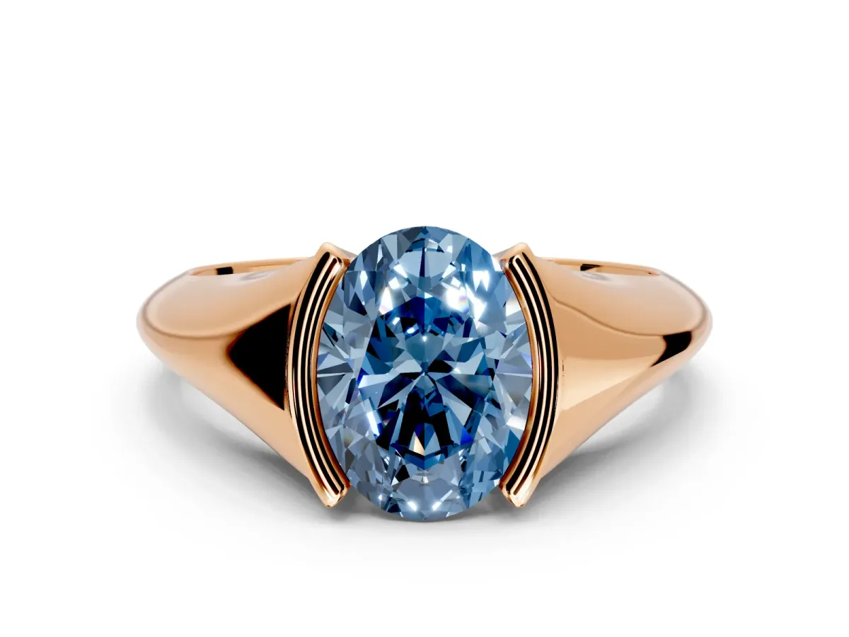 Tension Engagement Ring Setting for Fancy Blue Oval Center with Wide Tapered Band and Tension Head in Rose Gold