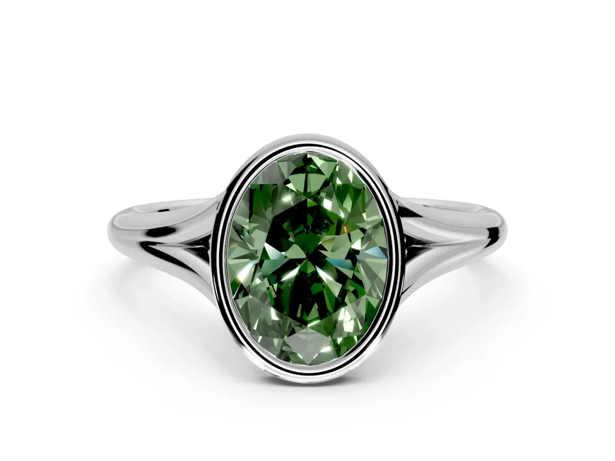 Solitaire Engagement Ring Setting for Fancy Green Oval Center with V Split Shank and Bezel Head in Platinum