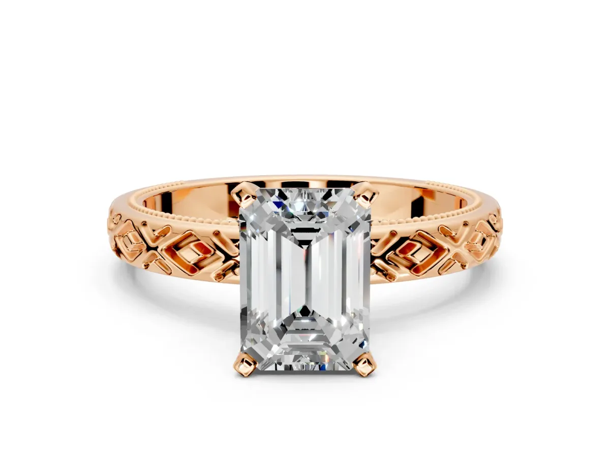 Solitaire Engagement Ring Setting for Emerald Cut Center with Milgrain X Pattern Band and Prong Head in Rose Gold