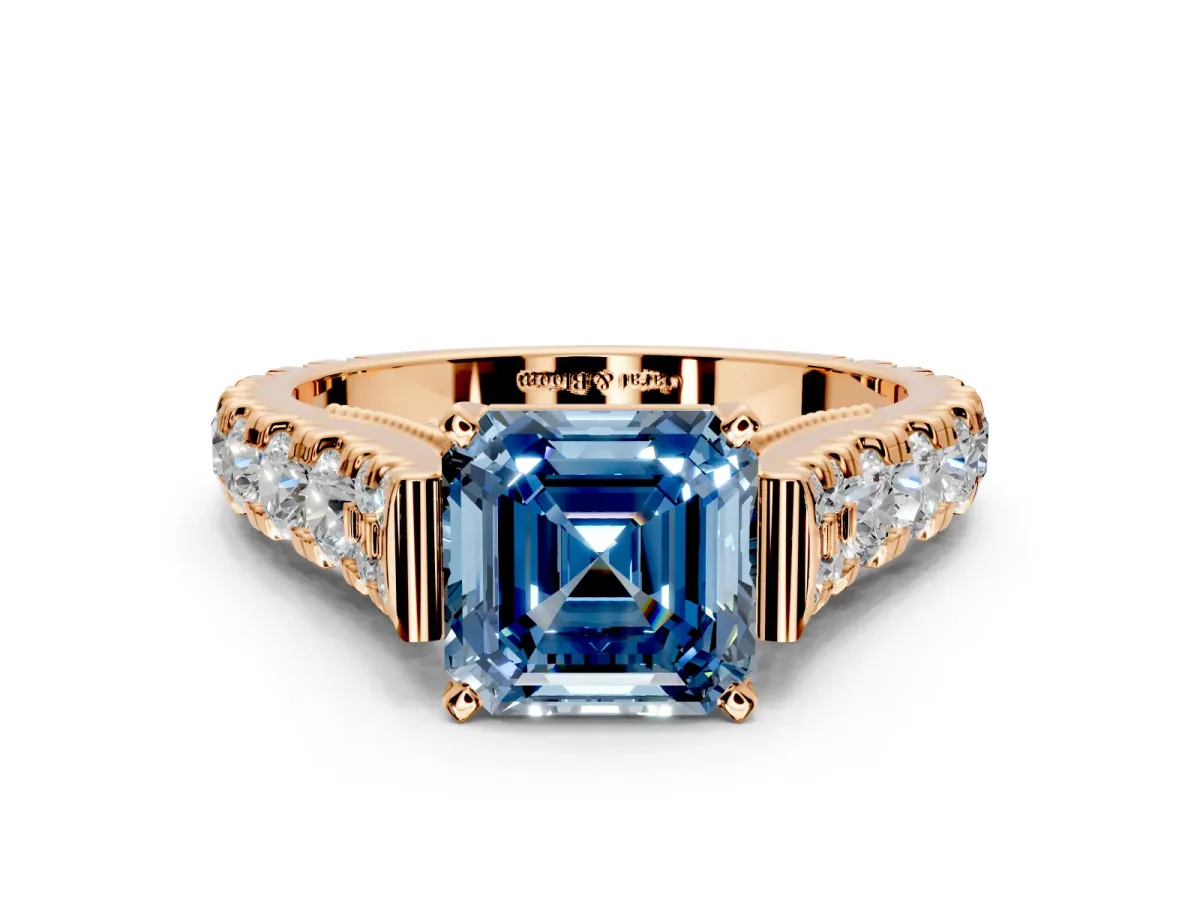 Solitaire Engagement Ring Setting for Fancy Blue Asscher Cut Center with Pave Cathedral Shoulders and Prong Head in Rose Gold