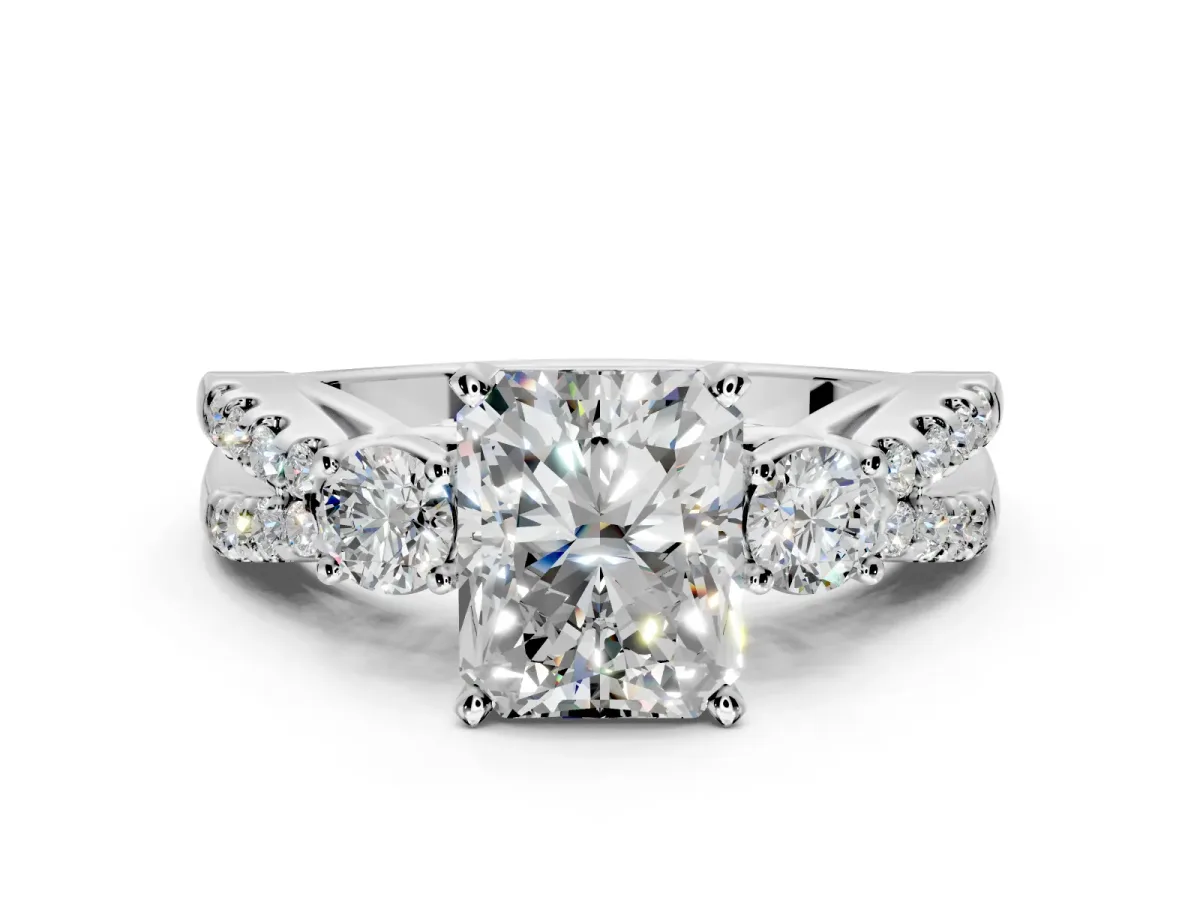 3 Stone Engagement Ring Setting for Radiant Cut Center with Pave Split Shank and Prong Head in Platinum