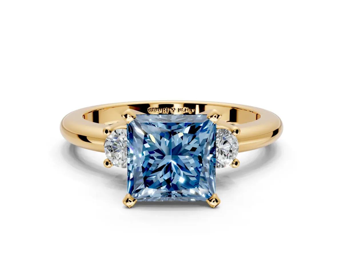 3 Stone Engagement Ring Setting for Fancy Blue Princess Cut Center with Wide Plain Band and Prong Head in Yellow Gold