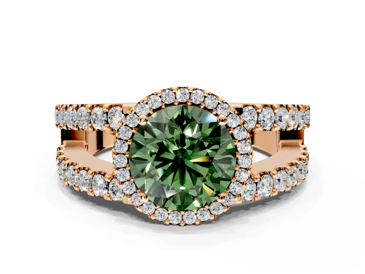 Halo Engagement Ring Setting for Fancy Green Round Cut Center with Wide-Open Pave Split Shank and Prong Head in Rose Gold