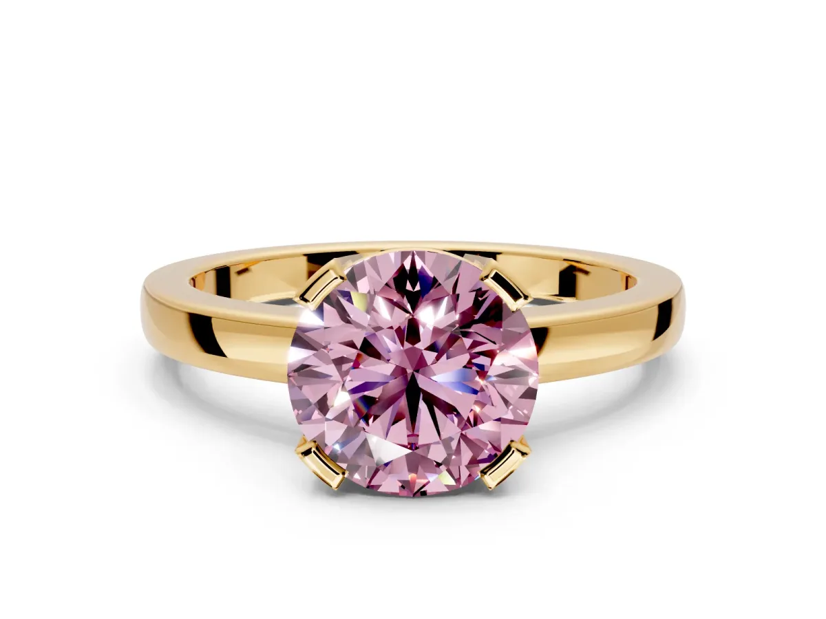 Solitaire Engagement Ring Setting for Fancy Pink Round Cut Center with Plain Band and Flat Tab Prong Head in Yellow Gold