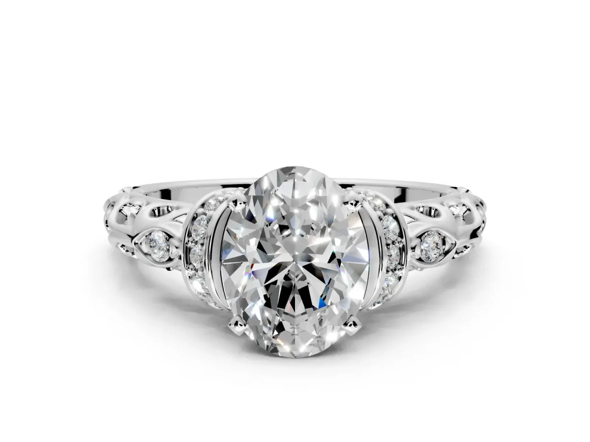 Solitaire Engagement Ring Setting for Oval Center with Filigree Band and Prong Head in Sterling Silver