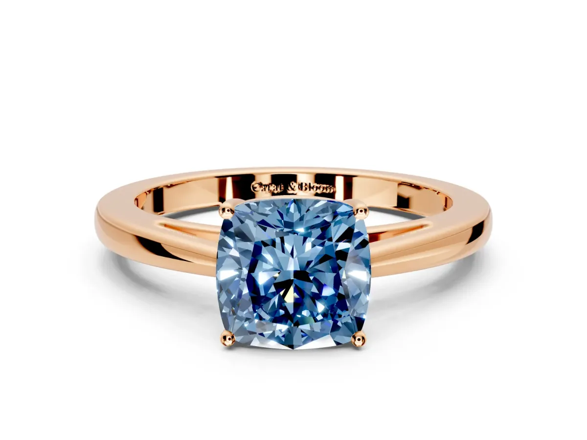 Solitaire Engagement Ring Setting for Fancy Blue Cushion Cut Center with Open Cathedral Shoulders and Prong Head in Rose Gold