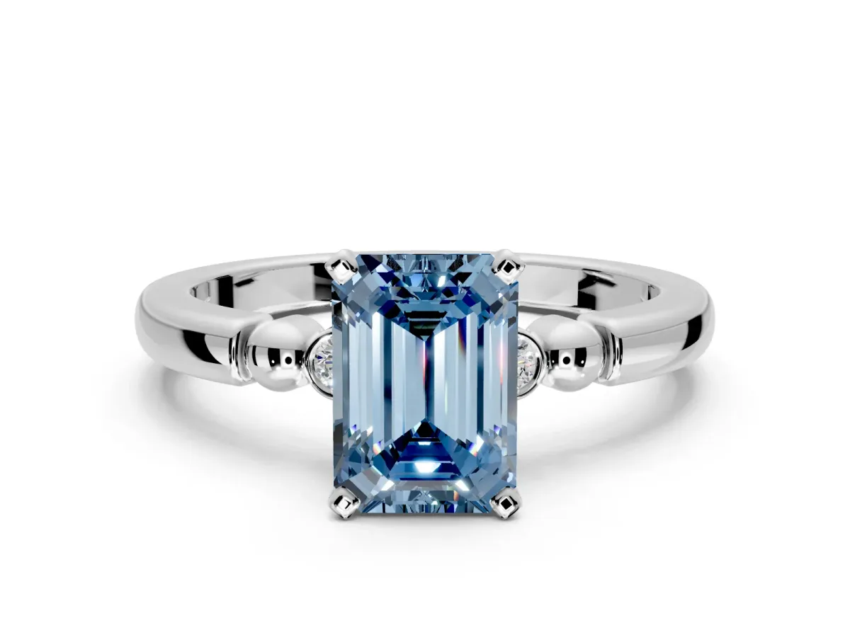 Solitaire Engagement Ring Setting for Fancy Blue Emerald Cut Center with Beaded Shoulders and Prong Head in White Gold