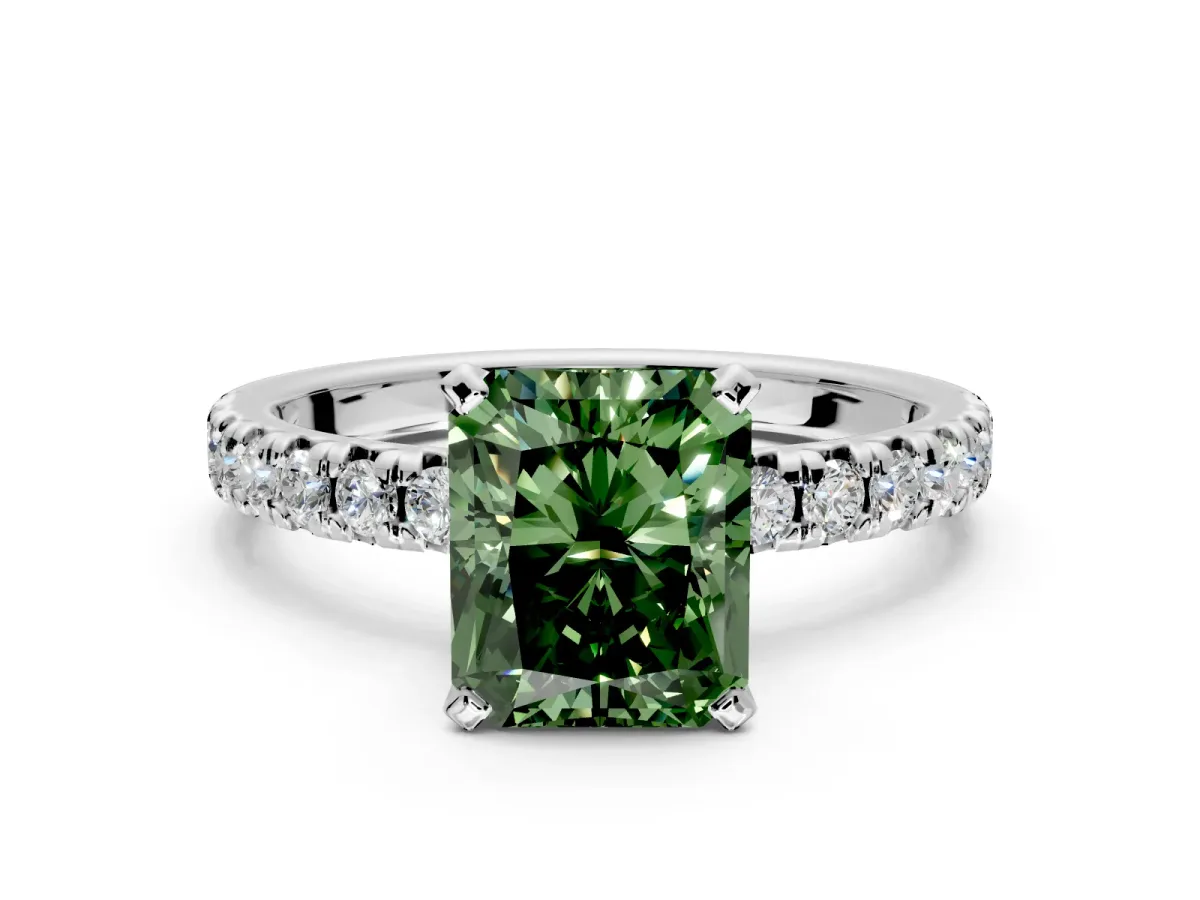 Solitaire Engagement Ring Setting for Fancy Green Radiant Cut Center with Large Accents and Prong Head in Sterling Silver