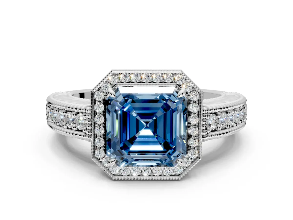 Milgrain Halo Engagement Ring Setting for Fancy Blue Asscher Cut Center with Pave Band and Prong Head in Platinum