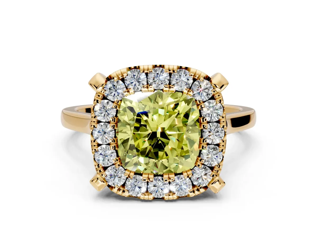 Single Halo Engagement Ring Setting for Fancy Yellow Cushion Cut Center with Corner Claws, Plain Band and Prong Head in Yellow Gold