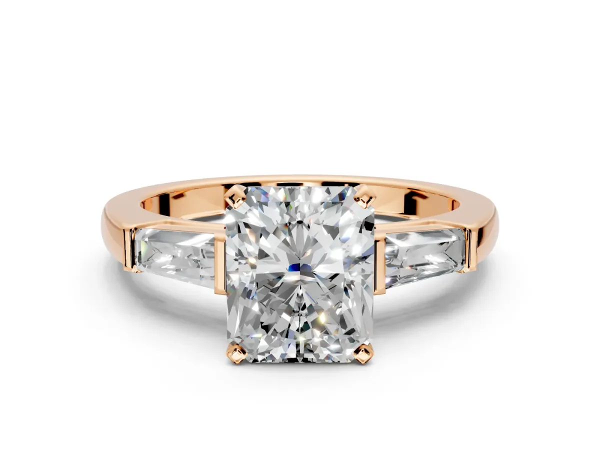 3 Stone Engagement Ring Setting for Radiant Cut Center with Tapered Baguettes, Plain Band and Prong Head in Rose Gold