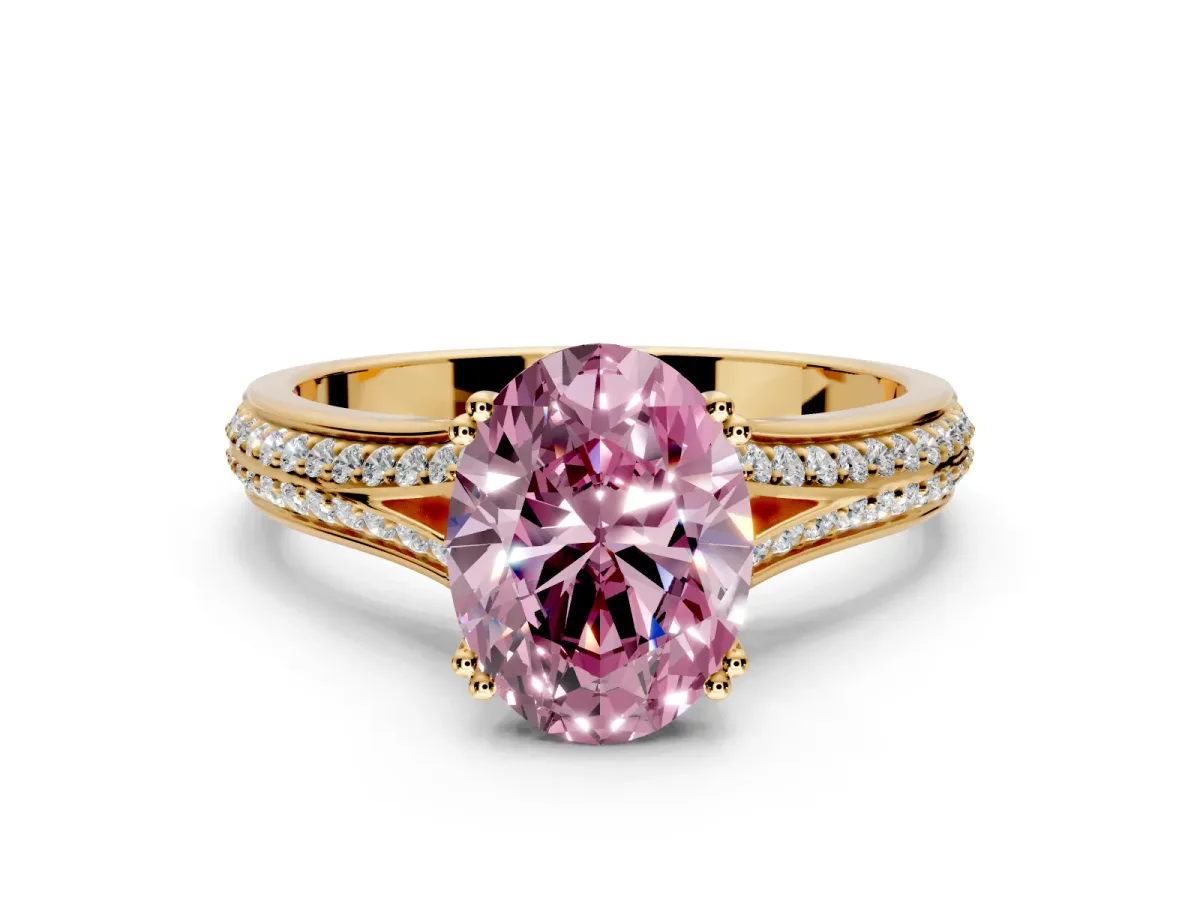 Solitaire Engagement Ring Setting for Fancy Pink Oval Center with Pave Rail Split Shank and Prong Head in Yellow Gold