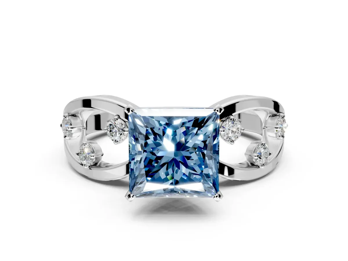 Solitaire Engagement Ring Setting for Fancy Blue Princess Cut Center with Criss-Cross Accent Band and Prong Head in Platinum