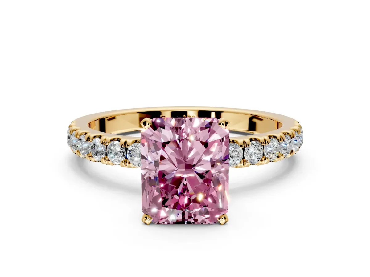 Open Basket Engagement Ring Setting for Fancy Pink Radiant Cut Center with Pave Band and Prong Head in Yellow Gold