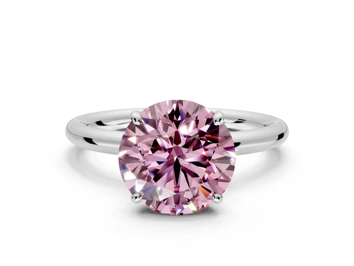Low-Set Solitaire Engagement Ring Setting for Fancy Pink Round Cut Center with Thin Plain Band and Prong Head in White Gold