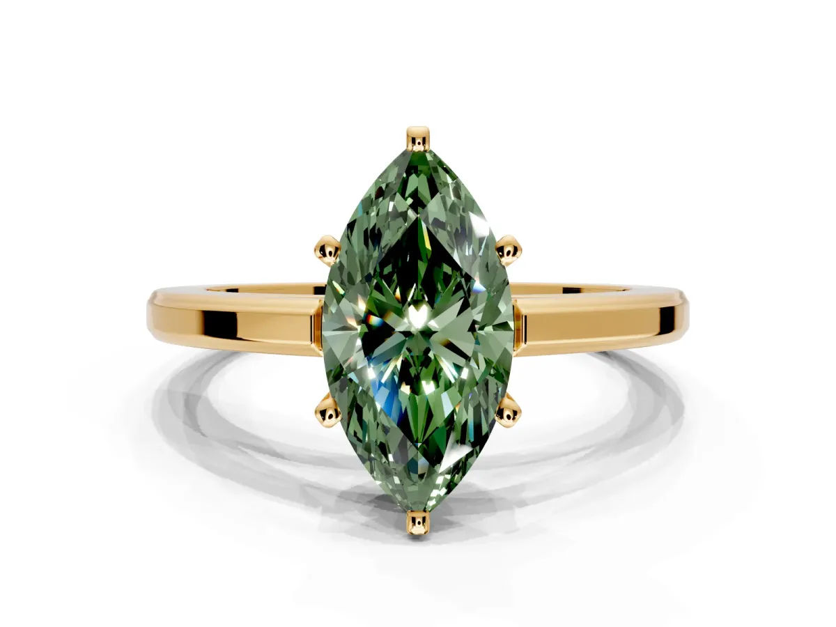 Solitaire Engagement Ring Setting for Fancy Green Marquise Center with Flat-Sided Plain Band and Prong Head in Yellow Gold
