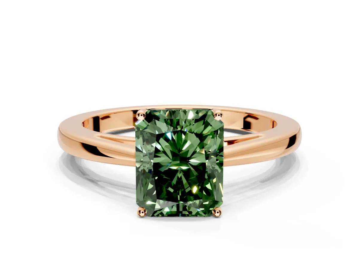Solitaire Engagement Ring Setting for Fancy Green Radiant Cut Center with Open Cathedral Shoulders and Prong Head in Rose Gold