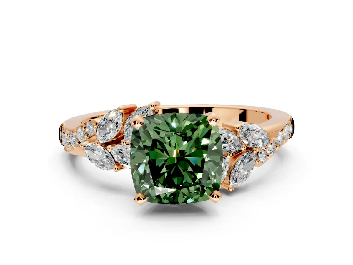 Solitaire Engagement Ring Setting for Fancy Green Cushion Cut Center with Marquise Accent Twist Band and Prong Head in Rose Gold
