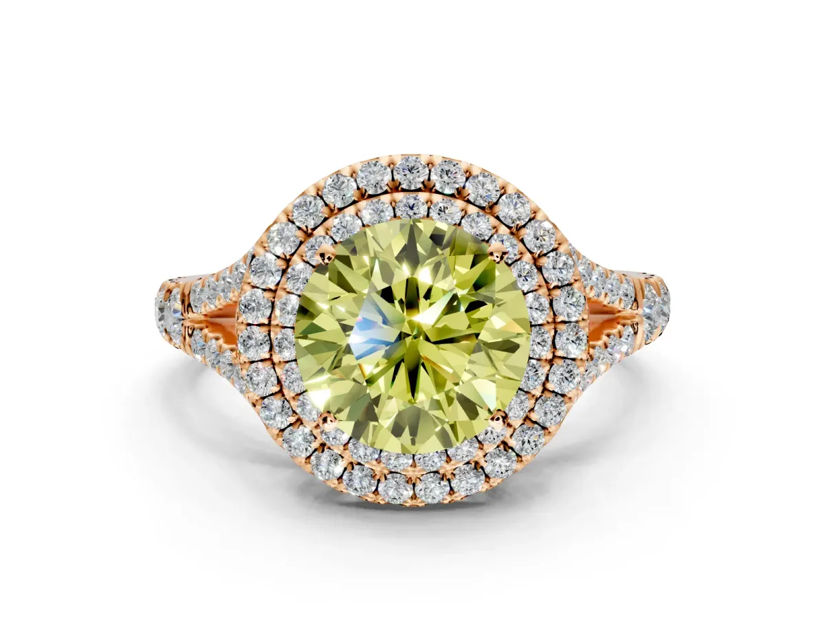 Double Halo Engagement Ring Setting for Fancy Yellow Round Cut Center with Narrow Pave Split Shank and Prong Head in Rose Gold