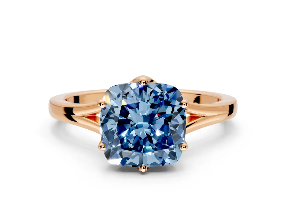 Solitaire Engagement Ring Setting for Fancy Blue Cushion Cut Center with Plain Split Shank and Prong Head in Rose Gold
