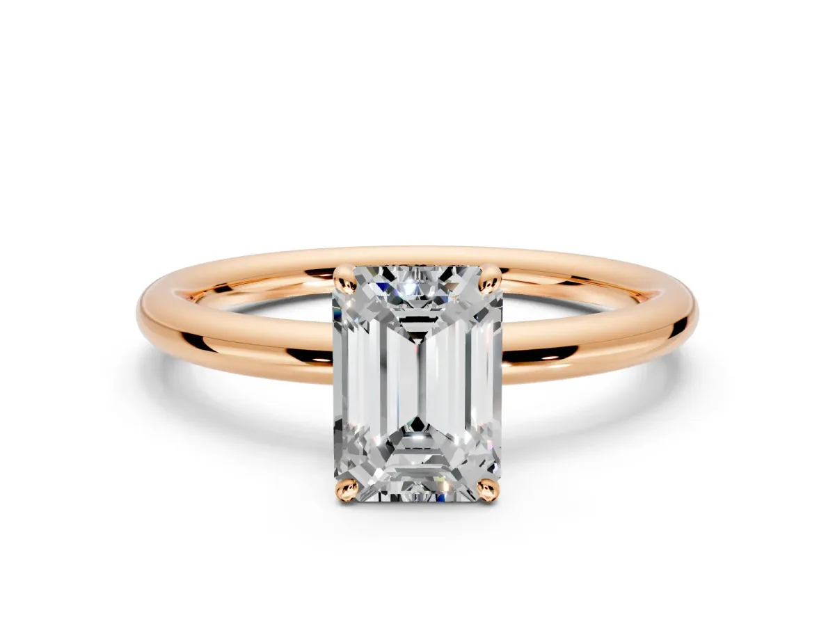 Low-Set Solitaire Engagement Ring Setting for Emerald Cut Center with Thin Plain Band and Prong Head in Rose Gold