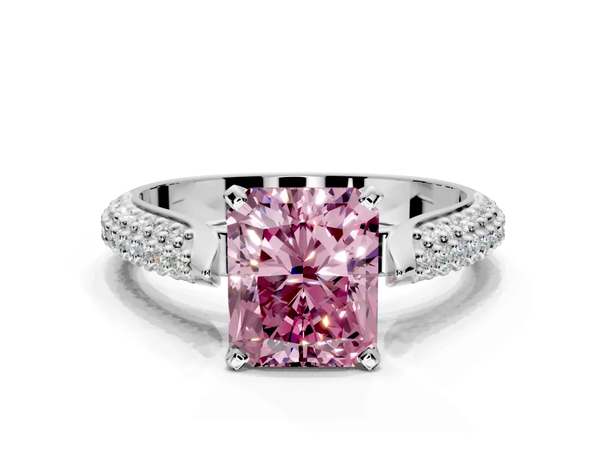 Solitaire Engagement Ring Setting for Fancy Pink Radiant Cut Center with Multi-Row Accents and Prong Head in Sterling Silver