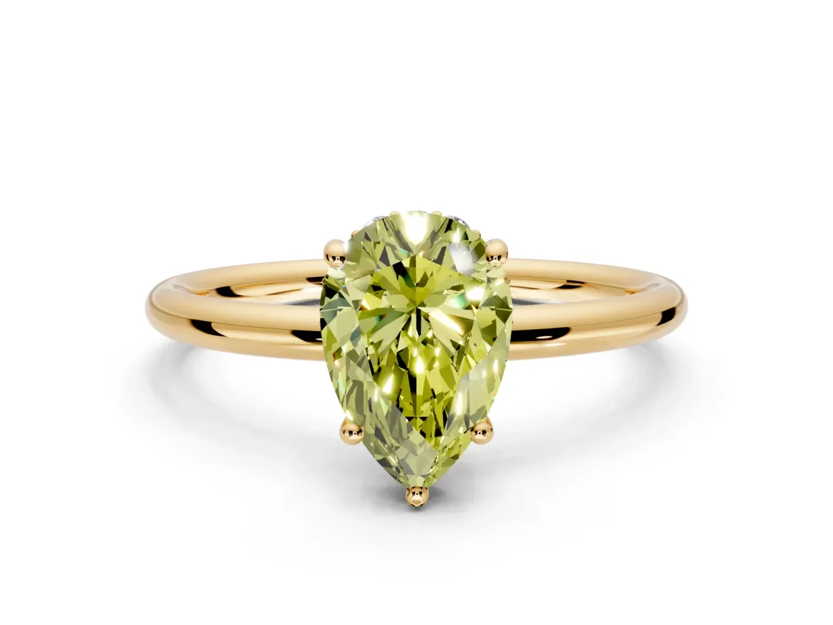 Solitaire Engagement Ring Setting for Fancy Yellow Pear-Shaped Center with Plain Band, Open Basket and Prong Head in Yellow Gold