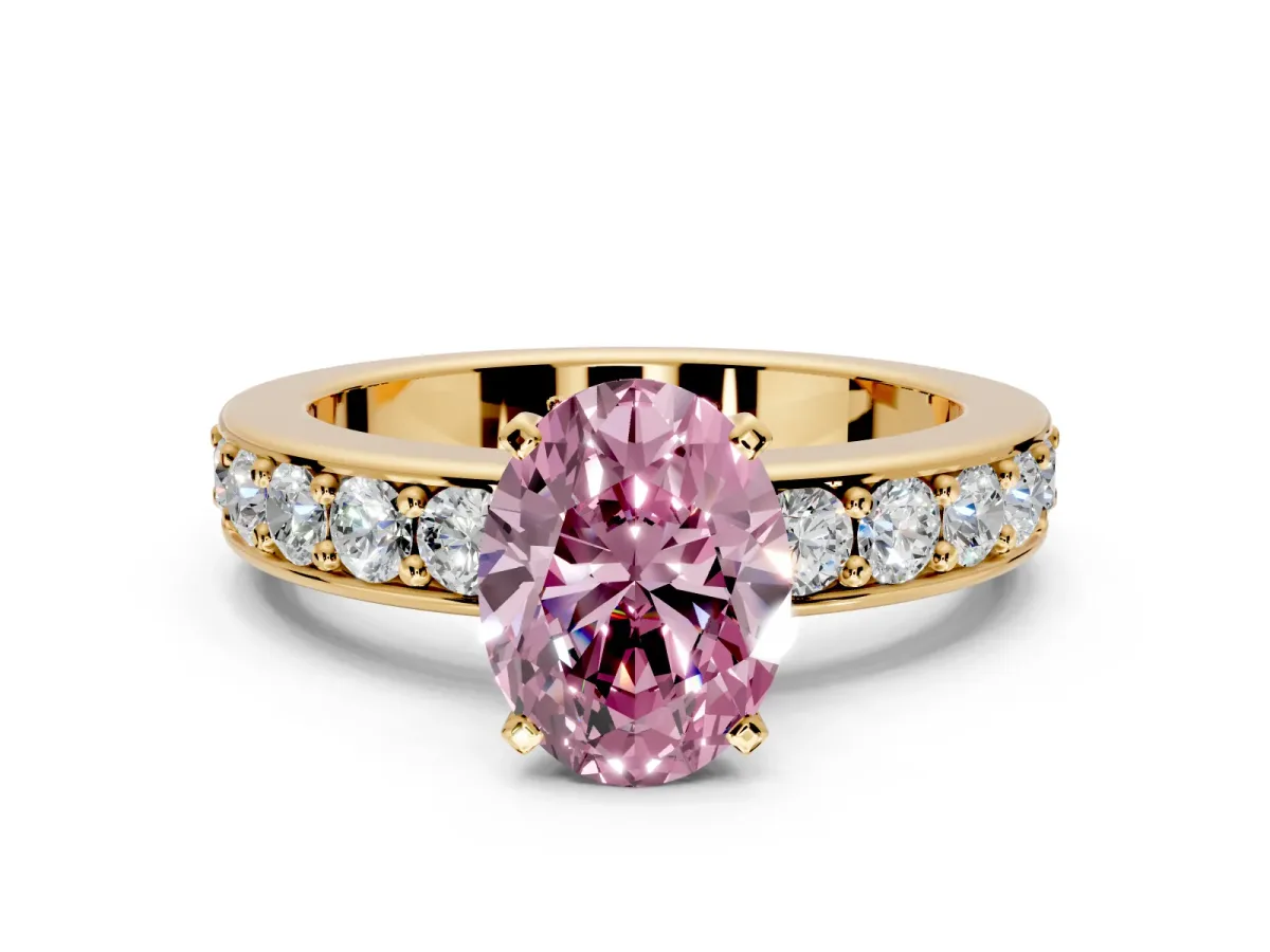 Solitaire Engagement Ring Setting for Fancy Pink Oval Center with Channel-Set Accents and Prong Head in Yellow Gold
