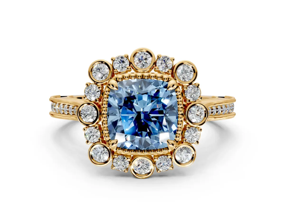 Milgrain Halo Engagement Ring Setting for Fancy Blue Cushion Cut Center with Bezel Point Accents and Prong Head in Yellow Gold