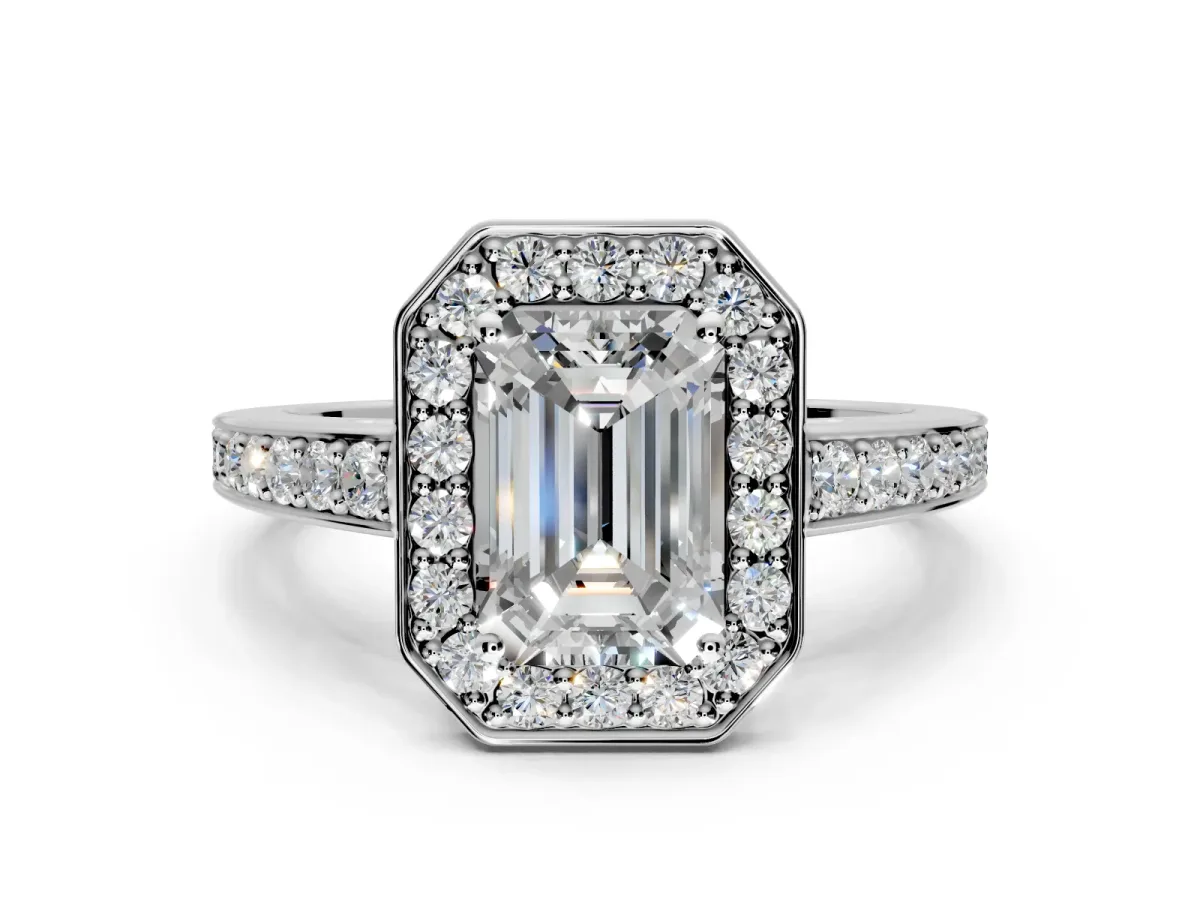 Bezel-Framed Halo Engagement Ring Setting for Emerald Cut Center with Pave Band and Prong Head in Sterling Silver