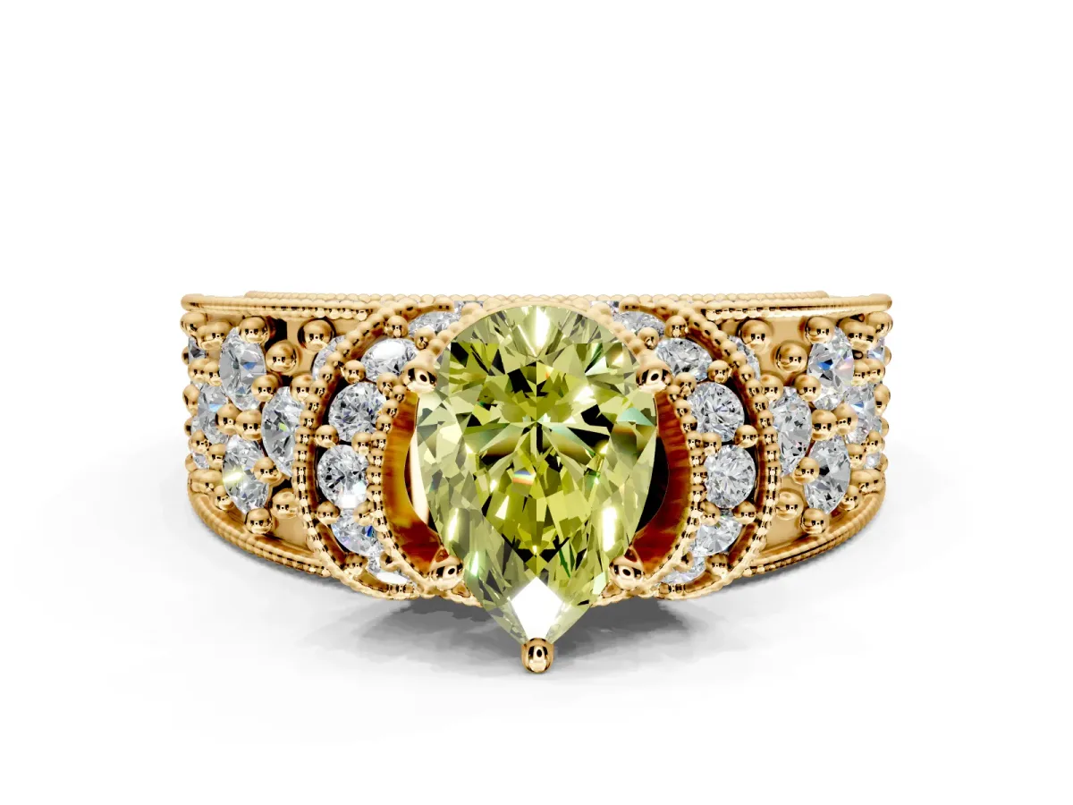 Pave Engagement Ring Setting for Fancy Yellow Pear-Shaped Center with Curved Accent Rows, Openwork and Prong Head in Yellow Gold