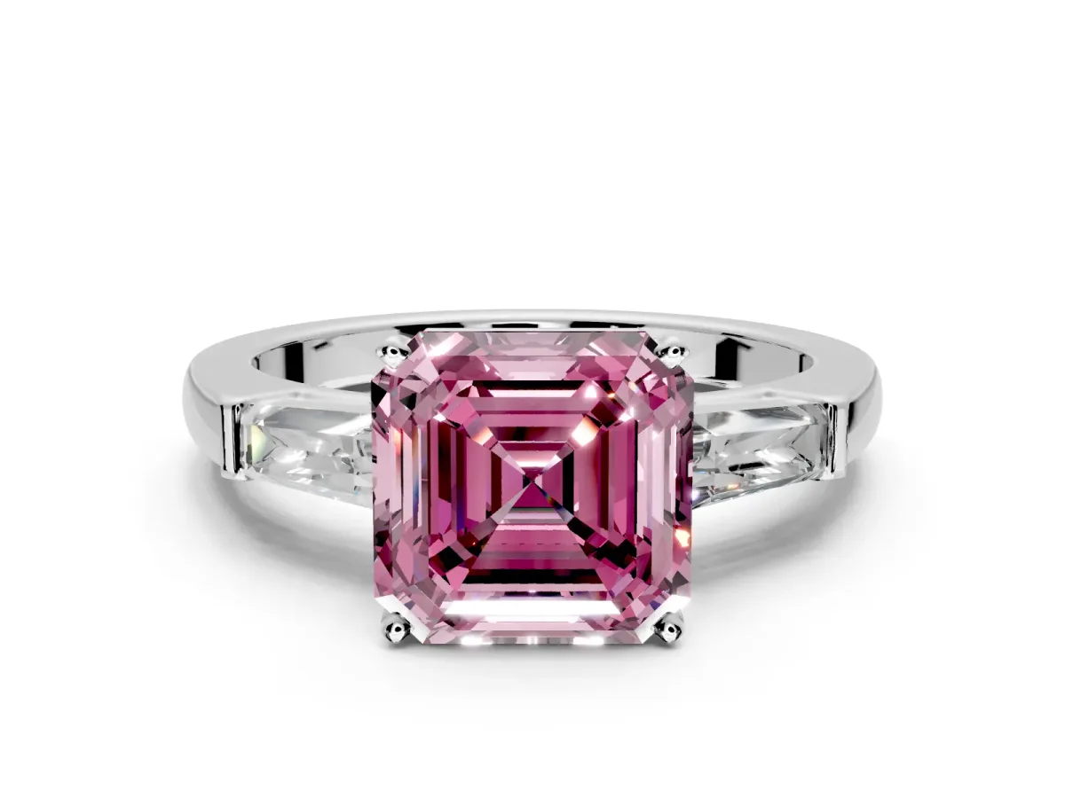 3 Stone Engagement Ring Setting for Fancy Pink Asscher Cut Center with Tapered Baguettes, Plain Band and Prong Head in White Gold