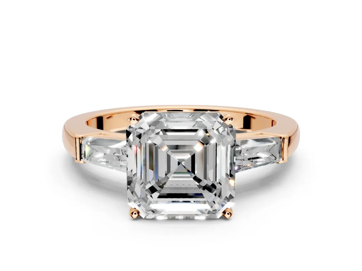 3 Stone Engagement Ring Setting for Asscher Cut Center with Tapered Baguettes, Plain Band and Prong Head in Rose Gold